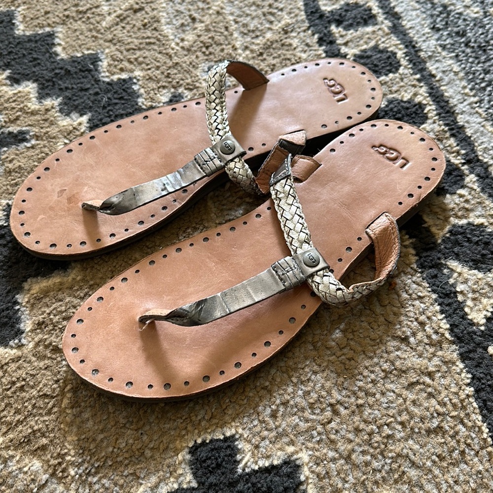UGG Braided Metallic Leather Toe-Post Sandals in Tan and Silver